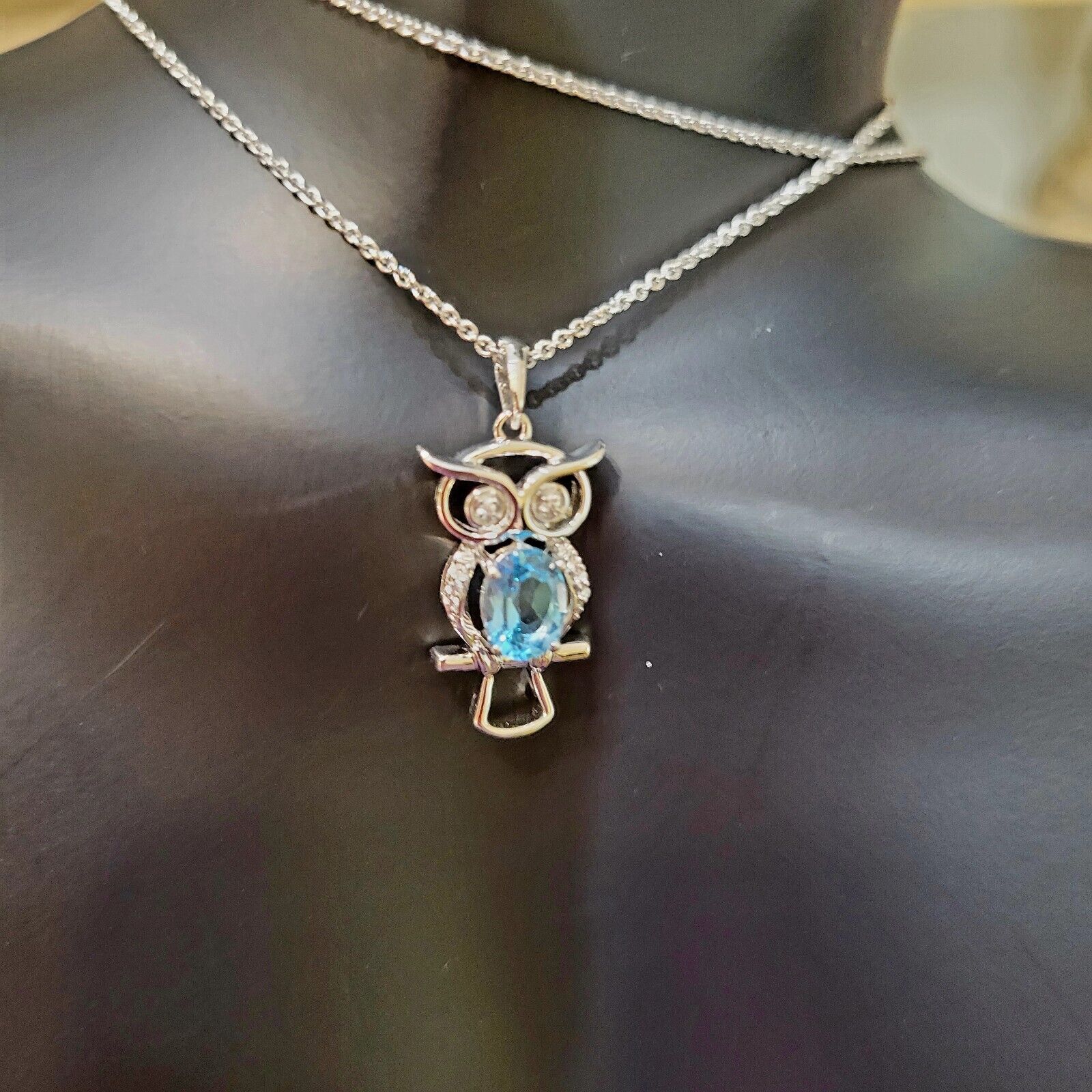 Owl Necklace Sterling Silver Blue & White Topaz Pendant Rolo Chain 18 In Lobste